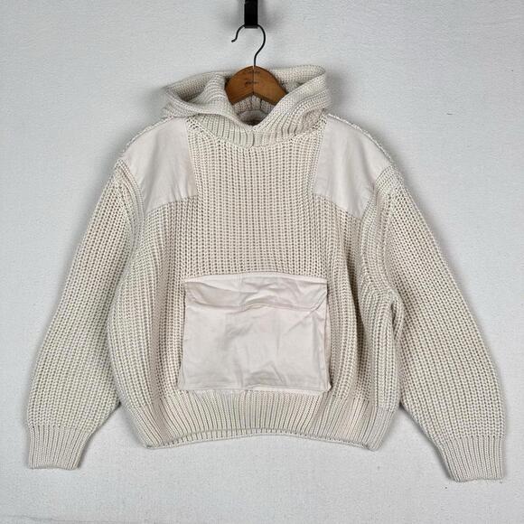 Mango Sweaters - Mango Women’s XS Cropped Hooded Cable Knit Patchwork Sweater Cream Front Pocket